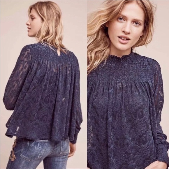 Anthropologie Tops - Anthropologie Deletta Amanna Navy Blue Lace Top Blouse